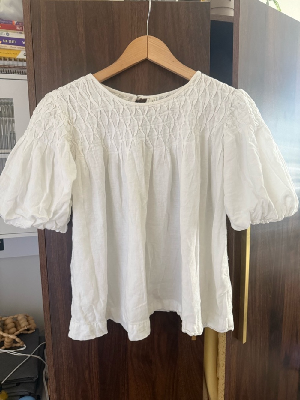 Anthropologie White Smocked Puff-Sleeve Blouse